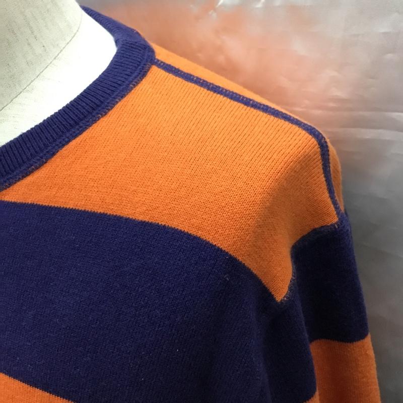 トミーヒルフィガー TOMMY HILFIGER ニット、セーター 長袖 長袖ニットカットソー ニット セーター クルーネックニット L ボーダー柄 橙 / オレンジ / X 紺 / ネイビー / メンズ USED 古着 中古 10122507