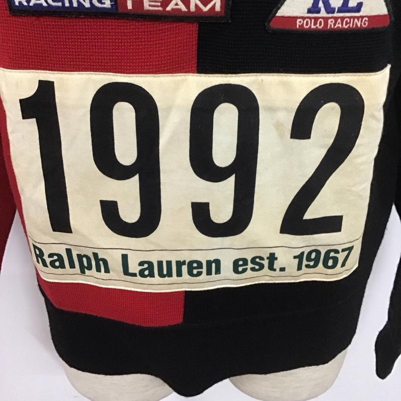 ポロバイラルフローレン Polo by RALPH LAUREN ニット、セーター 長袖 90s 1992年 Alpline L 無地 黒 / ブラック / X 赤 / レッド / メンズ USED 古着 中古 10106249