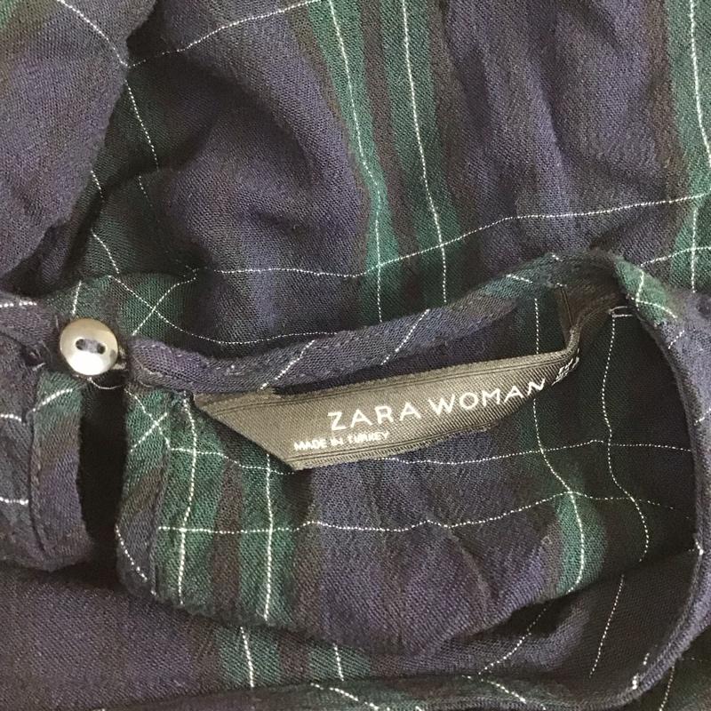 ザラウーマン ZARA WOMAN カットソー 長袖 9479 247 401 バルーンスリーブ L チェック 紺 / ネイビー / X 緑 / グリーン / X 白 / ホワイト /  レディース USED 古着 中古 10108414