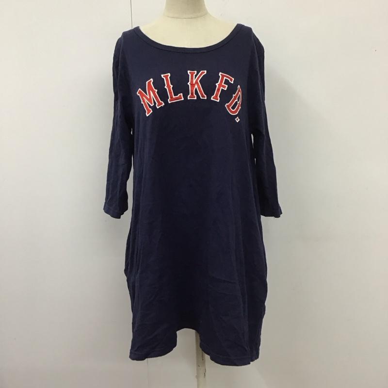 ミルクフェド MILKFED. Tシャツ 七分袖 0343910 チュニック ロング丈 M ロゴ、文字 紺 / ネイビー / レディース USED 古着 中古 10112028
