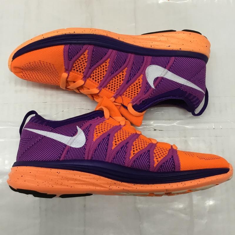 ナイキ NIKE スニーカー スニーカー 620658 815 WMNS FLYKNIT LUNAR 2 24.5cm 箱有 24.5cm ロゴ、文字 橙 / オレンジ / X 紫 / パープル / レディース USED 古着 中古 10108847