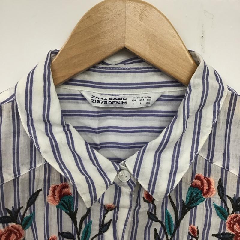ザラベーシック ZARA BASIC ワンピース ひざ丈スカート L ストライプ X 刺繍 白 / ホワイト / X 水色 / ライトブルー / レディース USED 古着 中古 10134598
