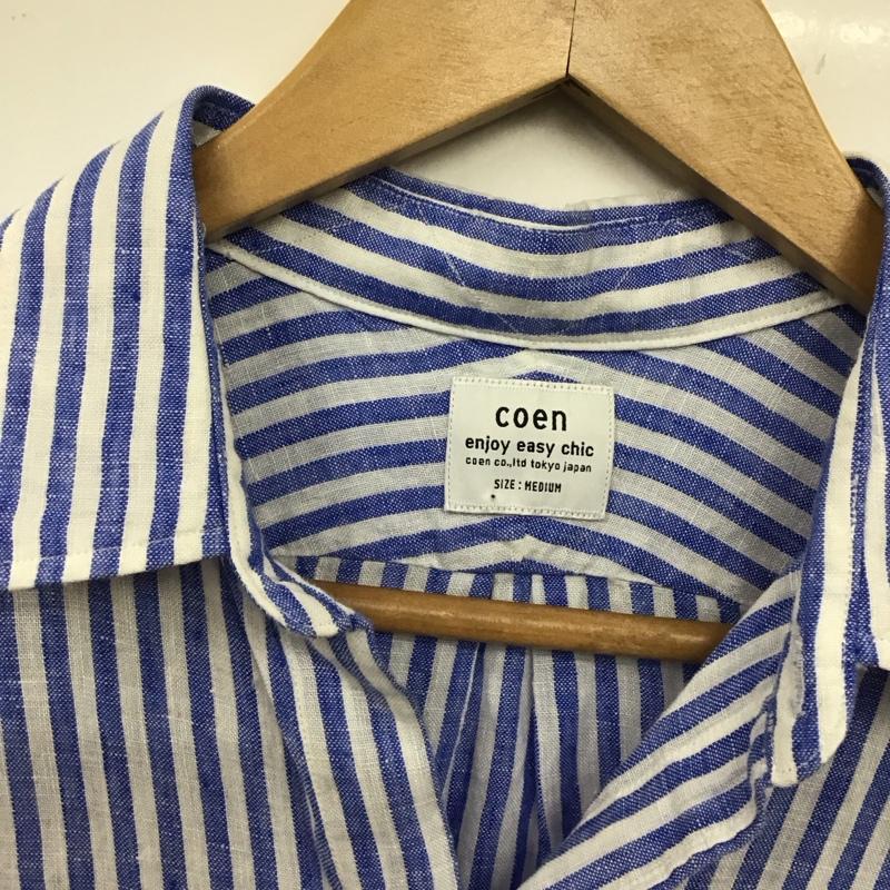 コーエン coen シャツ、ブラウス 半袖 7615-600-8010 2WAYフレンチリネンショートスリーブシャツ ストライプ M ワンポイント 白 / ホワイト / X 青 / ブルー / レディース USED 古着 中古 10117018