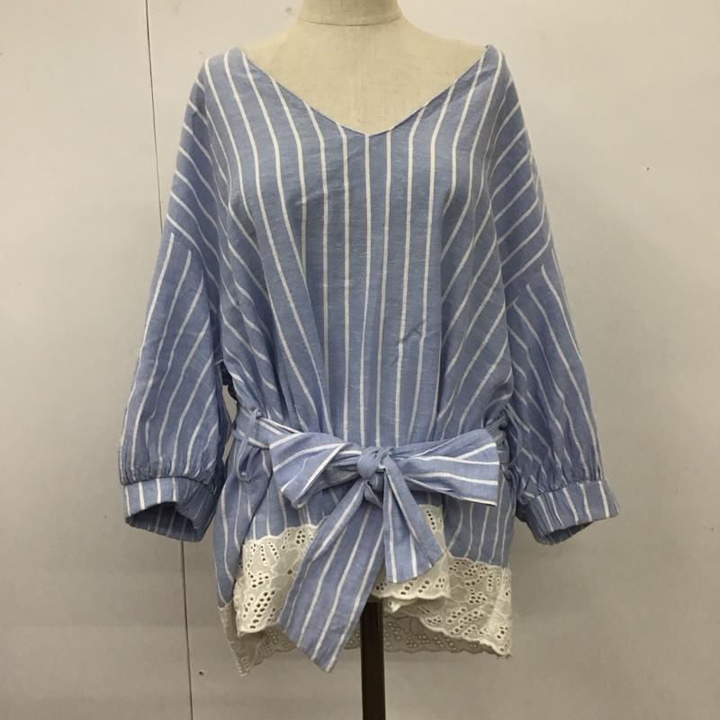 ザラティーアールエフ ZARA TRF カットソー 七分袖 ベルト付き 裾レース S ストライプ 水色 / ライトブルー / X 白 / ホワイト /  レディース USED 古着 中古 10112001