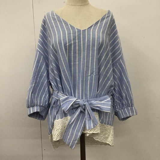 ザラティーアールエフ ZARA TRF カットソー 七分袖 ベルト付き 裾レース S ストライプ 水色 / ライトブルー / X 白 / ホワイト /  レディース USED 古着 中古 10112001