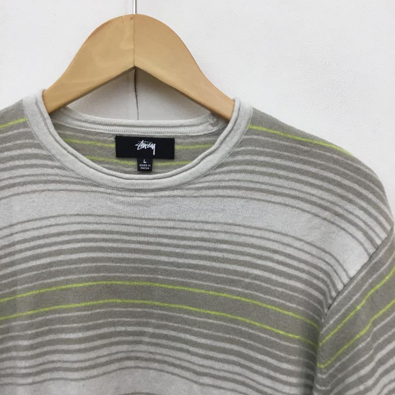 ステューシー STUSSY ニット、セーター 長袖 117203 3AW STUSSY HORIZONTAL STRIPE SWEATER WOOL KNIT L ボーダー柄 灰 / グレー / X ベージュ / ベージュ / X 黄緑 / イエローグリーン / メンズ USED 古着 中古 10136990