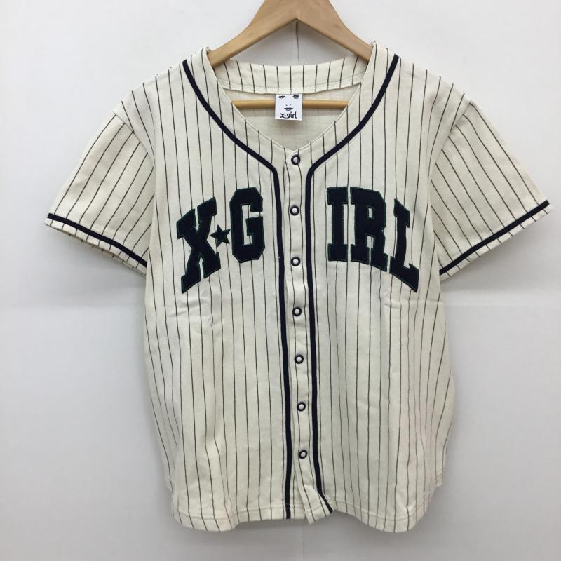 エックスガール X-girl シャツ、ブラウス 半袖 ベースボールシャツ 1 ストライプ ベージュ / ベージュ / X 紺 / ネイビー / レディース USED 古着 中古 10139201