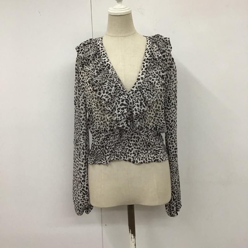 ザラ ZARA カットソー 長袖 2587 152 064 フリル Vネック ギャザークロップド丈 M ヒョウ柄・レオパード柄 黒 / ブラック / X 白 / ホワイト / レディース USED 古着 中古 10123190