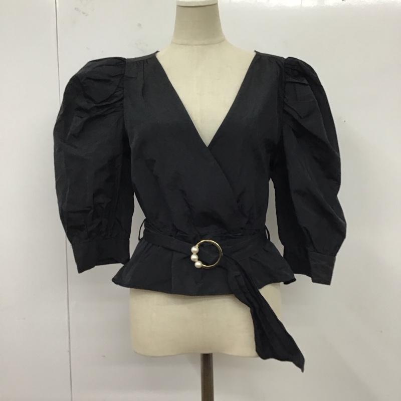 ザラ ZARA カットソー 半袖 7982 201 800 パフスリーブ カシュクール S 無地 黒 / ブラック / レディース USED 古着 中古 10120344