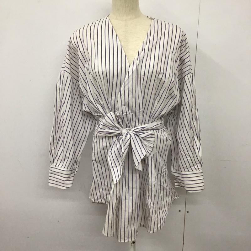 ザラウーマン ZARA WOMAN シャツ、ブラウス 長袖 長袖シャツ ストライプシャツ ノーカラーシャツ ウエスト切り替え M ストライプ 白 / ホワイト / X 紺 / ネイビー / レディース USED 古着 中古 10125185