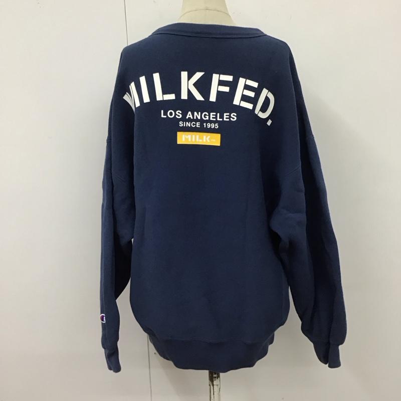 ミルクフェド MILKFED. トレーナー 長袖 cwss019 チャンピオンコラボ 長袖トレーナー スウェット クルーネック リブスウェットカットソー M ロゴ、文字 紺 / ネイビー / レディース USED 古着 中古 10123782