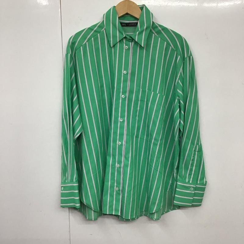 ザラ ZARA シャツ、ブラウス 長袖 3666 165 131 オーバーサイズ XS ストライプ 緑 / グリーン / X 白 / ホワイト / X 桃 / ピンク / レディース USED 古着 中古 10131306