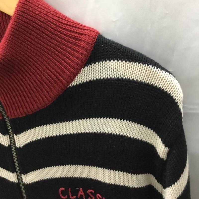 ポータークラシック Porter Classic ニット、セーター 長袖 ジップアップ S ボーダー柄 X 刺繍 黒 / ブラック / X オフホワイト / オフホワイト / X 赤 / レッド / メンズ USED 古着 中古 10108957