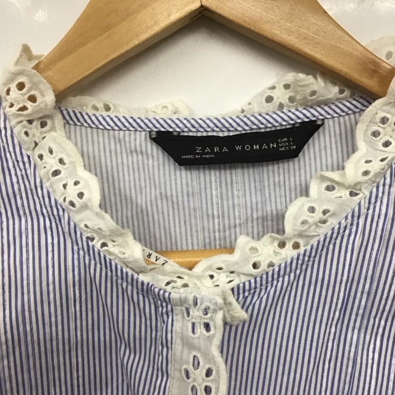 ザラウーマン ZARA WOMAN シャツ、ブラウス 長袖 長袖シャツ ノーカラーシャツ ストライプシャツ L ストライプ 白 / ホワイト / X 水色 / ライトブルー / レディース USED 古着 中古 10129761