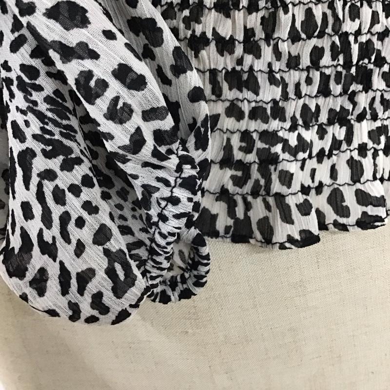 ザラ ZARA カットソー 長袖 2587 152 064 フリル Vネック ギャザークロップド丈 M ヒョウ柄・レオパード柄 黒 / ブラック / X 白 / ホワイト / レディース USED 古着 中古 10123190