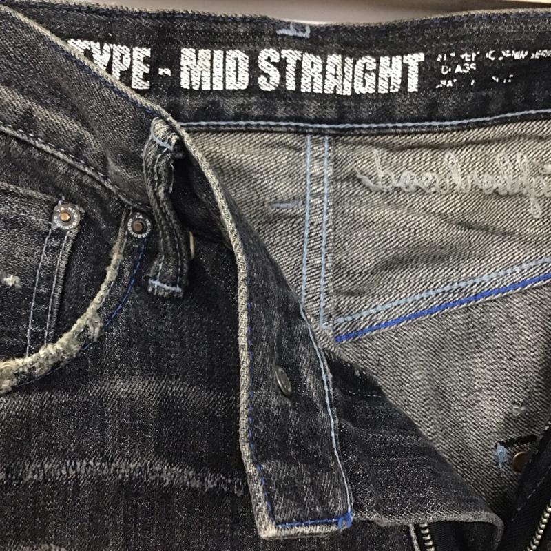 ネイバーフッド NEIGHBORHOOD パンツ デニム、ジーンズ デニムパンツ ワイドパンツ ストレッチパンツ L ロゴ、文字 X ダメージ加工 黒 / ブラック / メンズ USED 古着 中古 10132703