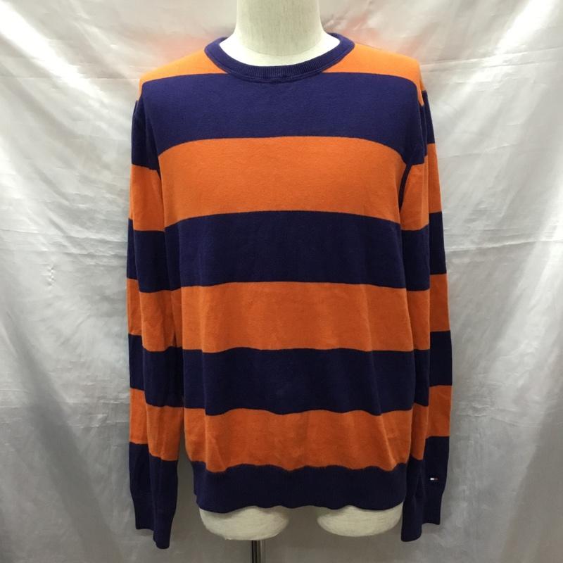 トミーヒルフィガー TOMMY HILFIGER ニット、セーター 長袖 長袖ニットカットソー ニット セーター クルーネックニット L ボーダー柄 橙 / オレンジ / X 紺 / ネイビー / メンズ USED 古着 中古 10122507