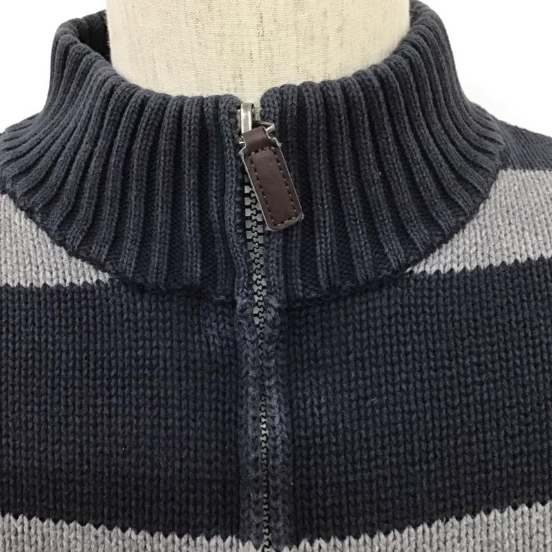 チャップス CHAPS ニット、セーター 長袖 ボーダー ハーフジップ コットンニット XL ワンポイント 灰 / グレー / X 紺 / ネイビー / メンズ USED 古着 中古 10107636