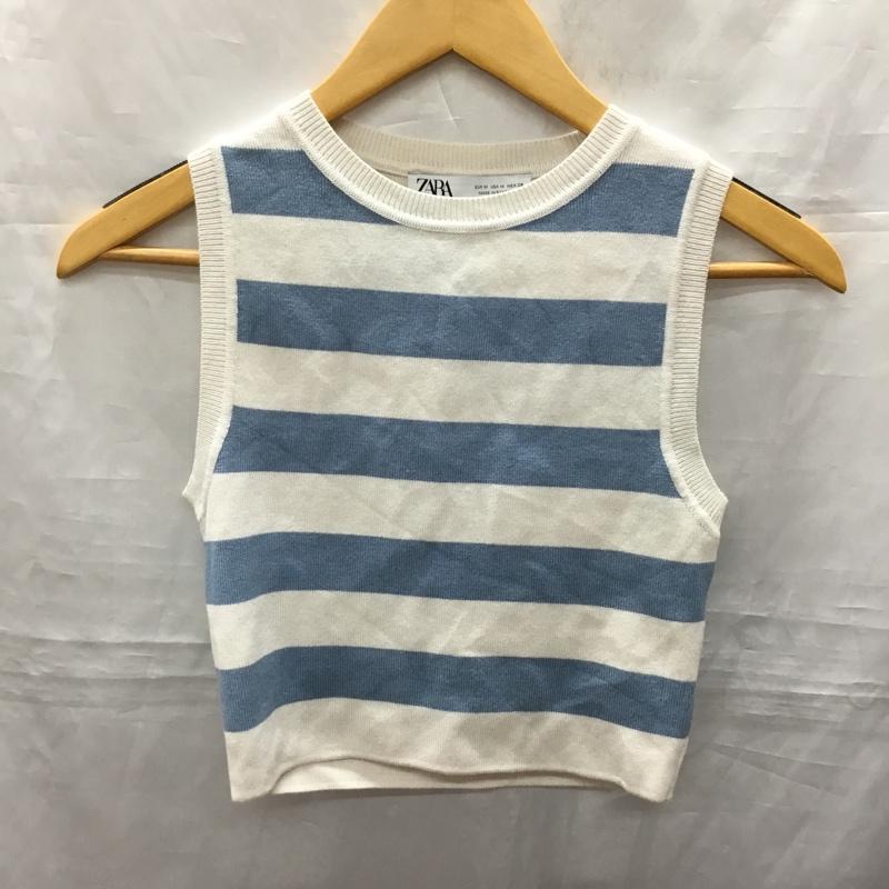 ザラ ZARA タンクトップ タンクトップ 3519 030 080 クロップド丈 ニット M ボーダー柄 アイボリー / アイボリー / X 水色 / ライトブルー / レディース USED 古着 中古 10118999
