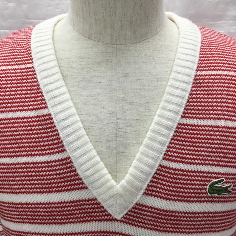 ラコステ LACOSTE ベスト ベスト ニットベスト ノースリーブニット Vネック 70s フランス製 4 プリント 白 / ホワイト / X 赤 / レッド / メンズ USED 古着 中古 10120697