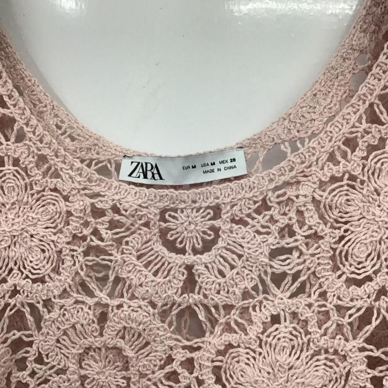 ザラ ZARA カットソー 長袖 2142/101/644 Tan Crochet Bardot Puff Sleeve Crop Top M 無地 桃 / ピンク / レディース USED 古着 中古 10131566