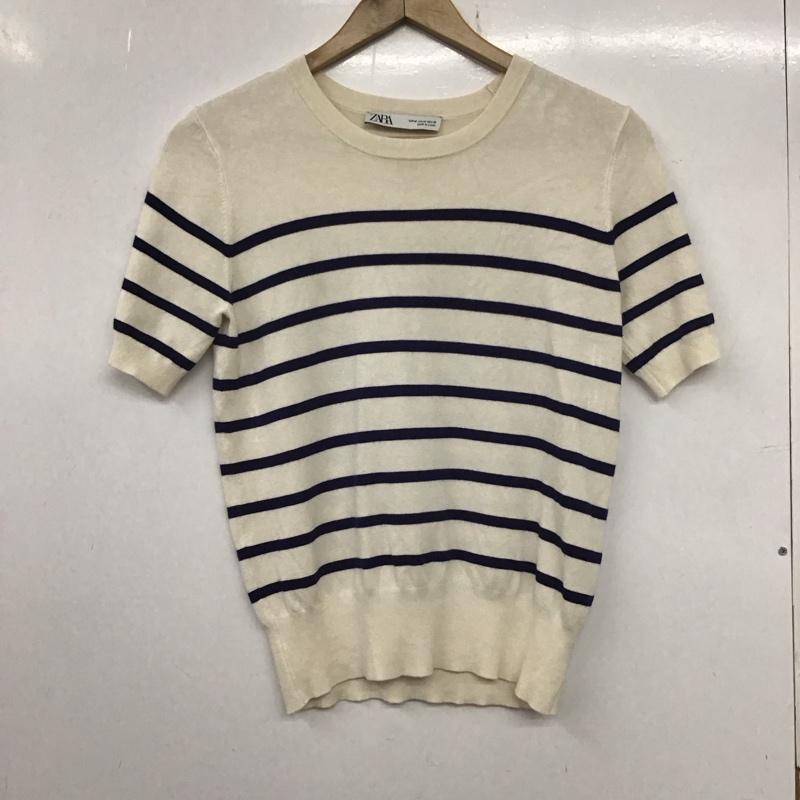 ザラ ZARA ニット、セーター 半袖 8851/017/105 M ボーダー柄 白 / ホワイト / X 紺 / ネイビー / レディース USED 古着 中古 10133667