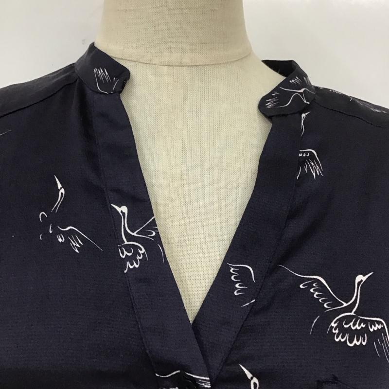 ザラベーシック ZARA BASIC カットソー 七分袖 ノーカラー スキッパー 鳥 XS 総柄 紺 / ネイビー /  レディース USED 古着 中古 10114105