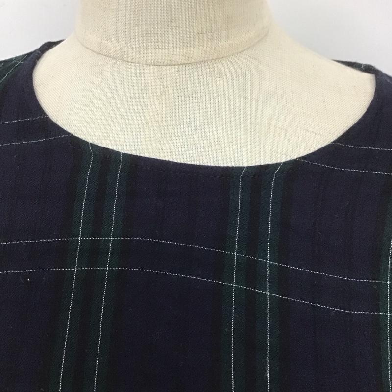 ザラウーマン ZARA WOMAN カットソー 長袖 9479 247 401 バルーンスリーブ L チェック 紺 / ネイビー / X 緑 / グリーン / X 白 / ホワイト /  レディース USED 古着 中古 10108414