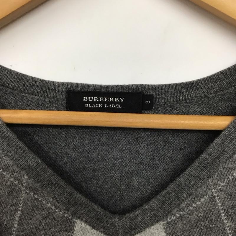 バーバリーブラックレーベル BURBERRY BLACK LABEL ニット、セーター 長袖 長袖ニットカットソー Vネック セーター 3 チェック 灰 / グレー / メンズ USED 古着 中古 10130842
