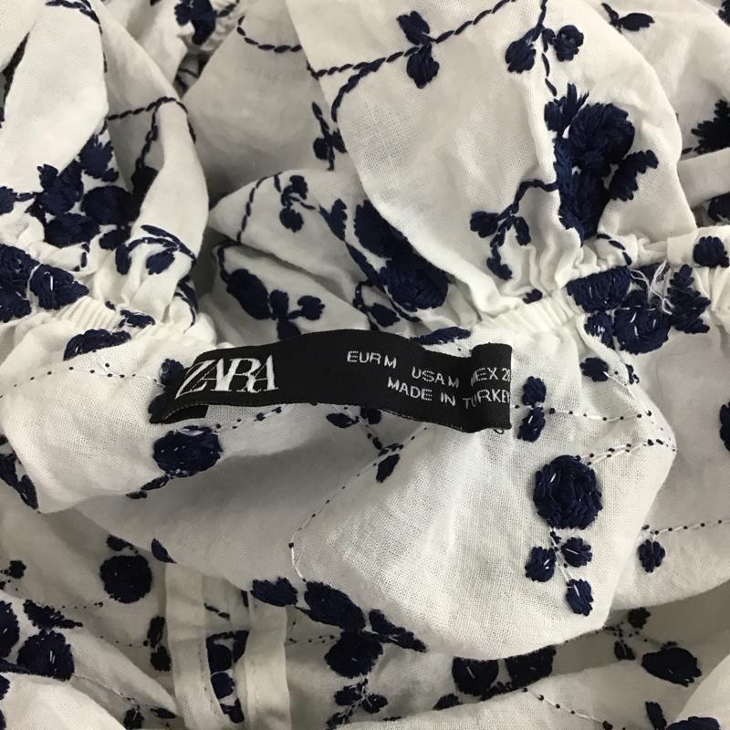 ザラ ZARA カットソー 半袖 2298 063 066 ショート丈 リボン パフスリーブ M 刺繍 白 / ホワイト / X 紺 / ネイビー /  レディース USED 古着 中古 10106710