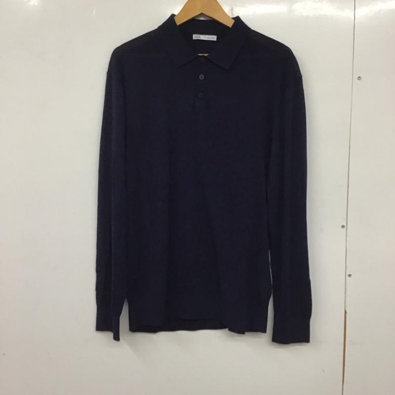 ザラ ZARA ポロシャツ 長袖 長袖ポロシャツ 長袖カットソー カラーシャツ L 無地 紺 / ネイビー / メンズ USED 古着 中古 10136819