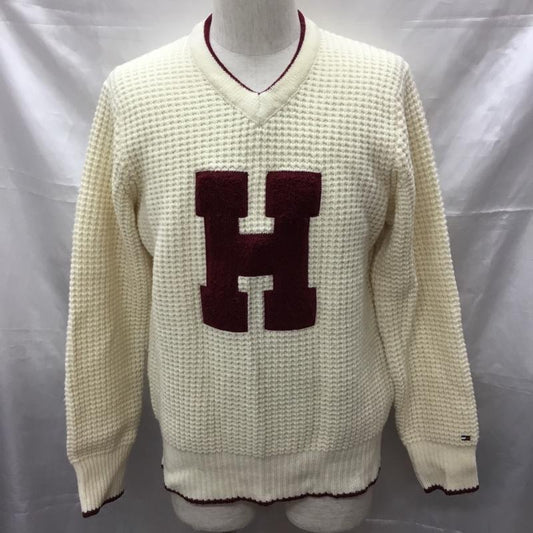 トミーヒルフィガー TOMMY HILFIGER ニット、セーター 長袖 長袖ニットカットソー ニット セーター Vネックニット L ロゴ、文字 オフホワイト / オフホワイト /  メンズ USED 古着 中古 10113360