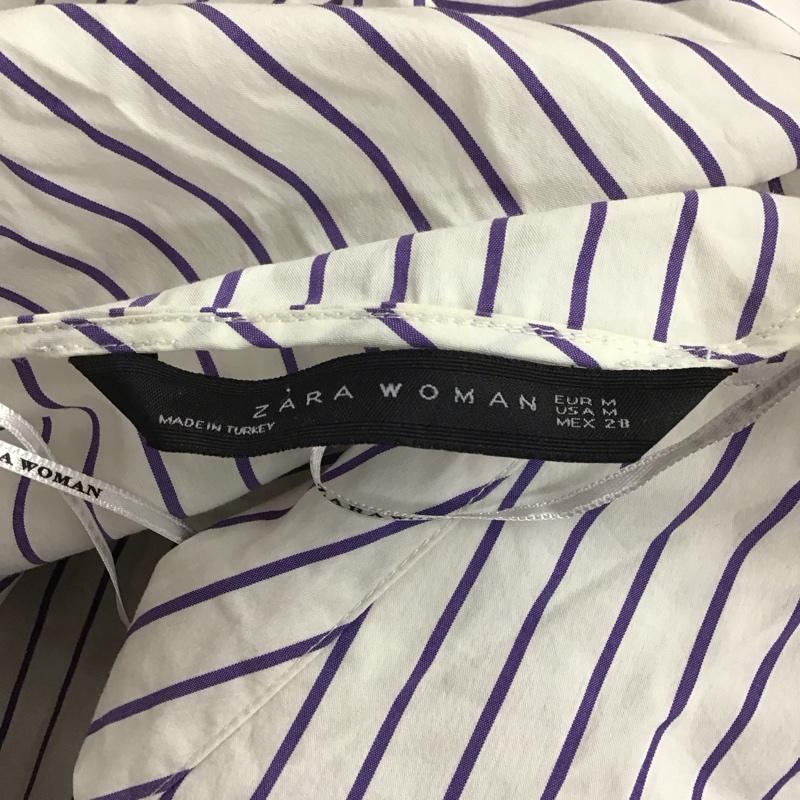ザラウーマン ZARA WOMAN シャツ、ブラウス 長袖 長袖シャツ ストライプシャツ ノーカラーシャツ ウエスト切り替え M ストライプ 白 / ホワイト / X 紺 / ネイビー / レディース USED 古着 中古 10125185