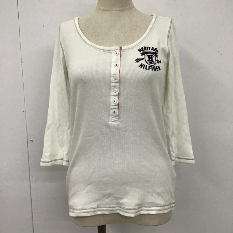 トミーヒルフィガー TOMMY HILFIGER カットソー 七分袖 ヘンリーネックカットソー リブカットソー プリントカットソー S ロゴ、文字 白 / ホワイト /  レディース USED 古着 中古 10105940