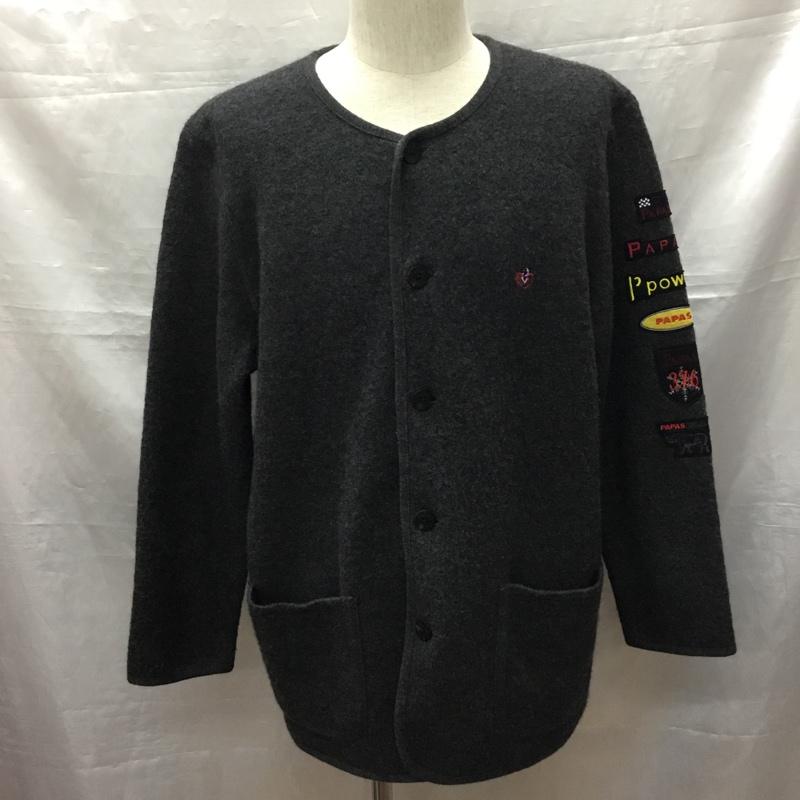 パパス PAPAS カーディガン 長袖 長袖カーディガン 長袖カットソー ノーカラージャケット 前開カーディガン M ロゴ、文字 灰 / グレー / メンズ USED 古着 中古 10122304