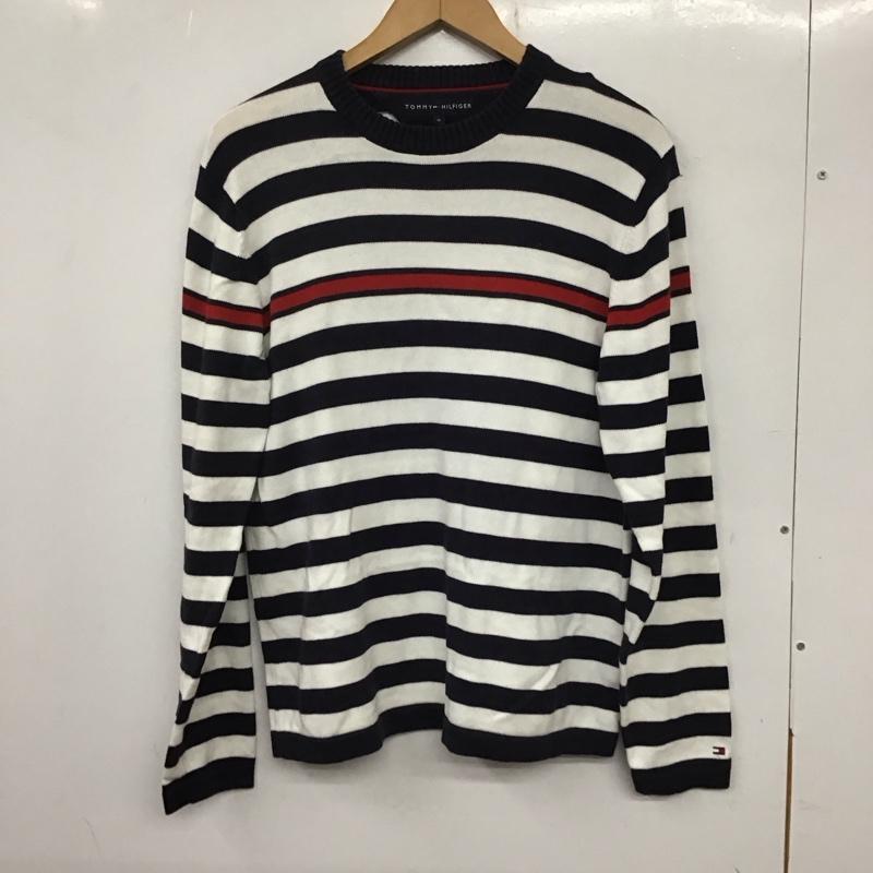 トミーヒルフィガー TOMMY HILFIGER ニット、セーター 長袖 長袖ニットカットソー クルーネック セーター M ボーダー柄 白 / ホワイト / X 紺 / ネイビー / メンズ USED 古着 中古 10137182