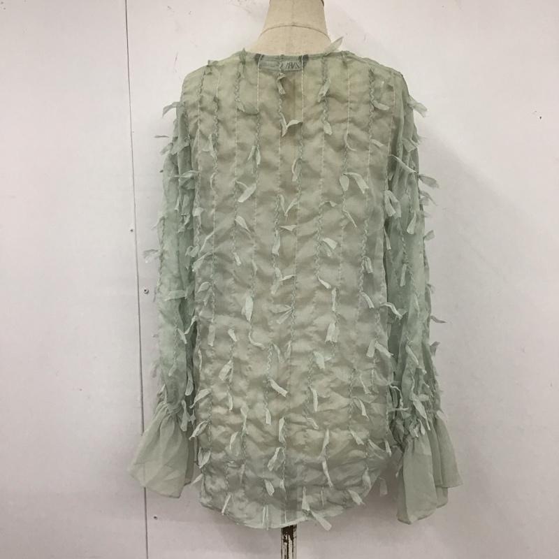 ザラ ZARA カットソー 長袖 2329 471 526 Vネック フリンジ シアー S 薄緑 / ライトグリーン / レディース USED 古着 中古 10123057