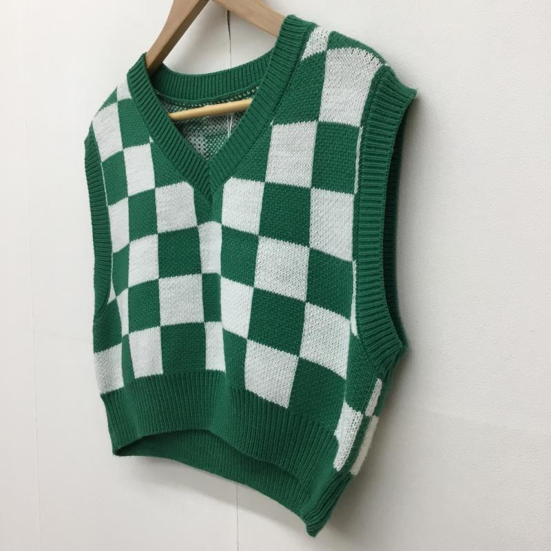 イング INGNI ベスト ベスト M 格子柄 白 / ホワイト / X 緑 / グリーン / レディース USED 古着 中古 10139266