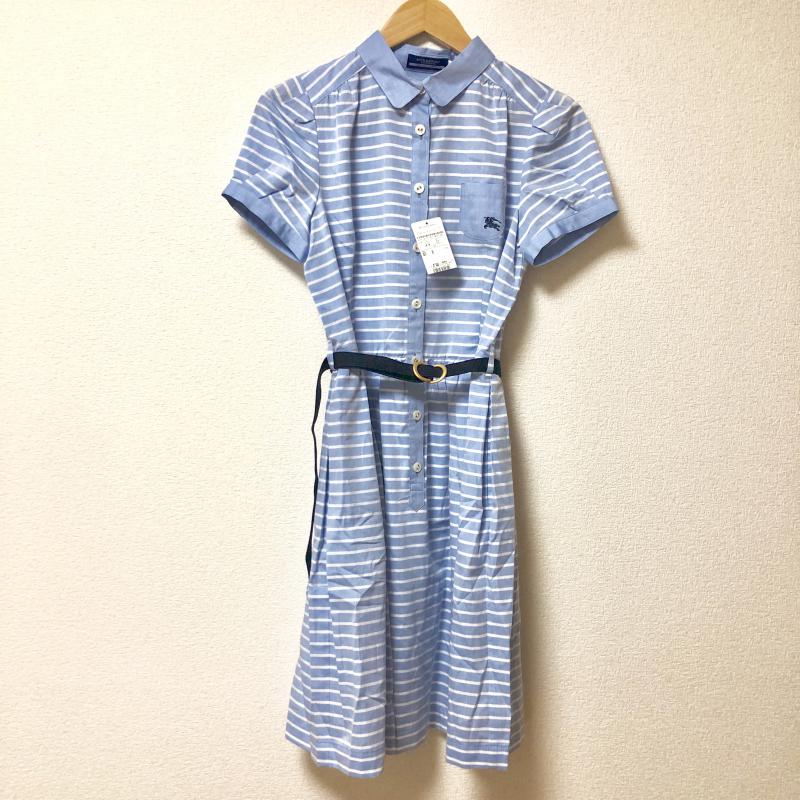 バーバリーブルーレーベル BURBERRY BLUE LABEL ワンピース ひざ丈スカート 38 ボーダー柄 X ワンポイント X 刺繍 青 / ブルー / X 白 / ホワイト / レディース USED 古着 中古 10003459