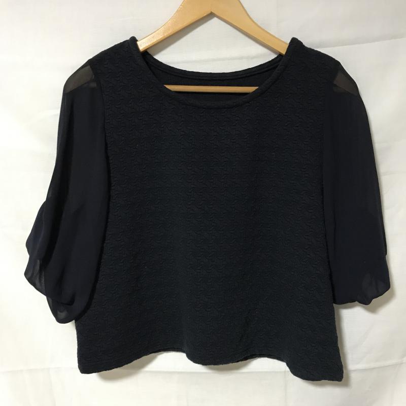 ヨーロ YOLO シャツ、ブラウス 七分袖 36 千鳥格子 X 無地 紺 / ネイビー / レディース USED 古着 中古 10005870