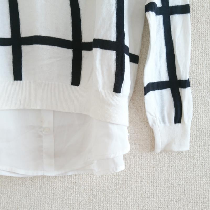 ルスーク LESOUK カットソー 長袖 38 無地 X チェック 白 / ホワイト / X 黒 / ブラック / レディース USED 古着 中古 10013485