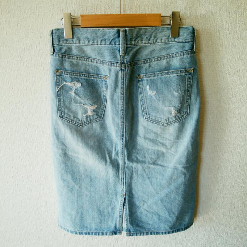アズールバイマウジー AZUL BY MOUSSY スカート ひざ丈スカート デニムスカート M 無地 X ダメージ加工 インディゴ / インディゴ / レディース USED 古着 中古 10013503