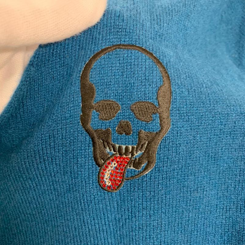 ルシアンペラフィネ Lucien Pellat-Finet ニット、セーター 長袖 スカル 刺繍 スワロ Vネック M 無地 X スカル 青 / ブルー / レディース USED 古着 中古 10015208