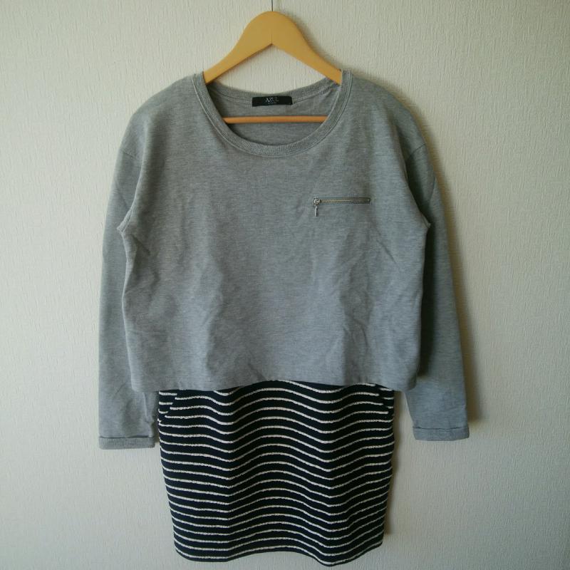 アズールバイマウジー AZUL BY MOUSSY ワンピース ひざ丈スカート L 無地 X ボーダー柄 灰 / グレー / X 紺 / ネイビー / X 白 / ホワイト / レディース USED 古着 中古 10015291