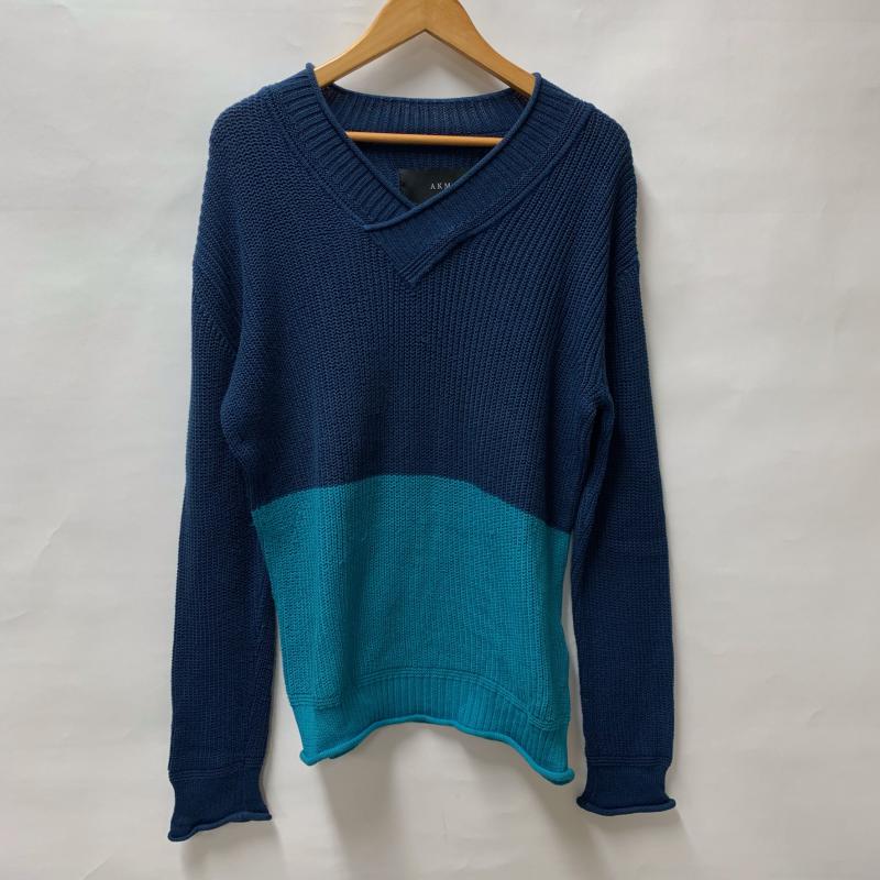 エイケイエムコンテンポラリー AKM Contemporary ニット、セーター 長袖 Vネック 切り替え リネン混 ニット 15SS L ボーダー柄 青 / ブルー / X 紺 / ネイビー / メンズ USED 古着 中古 10015889