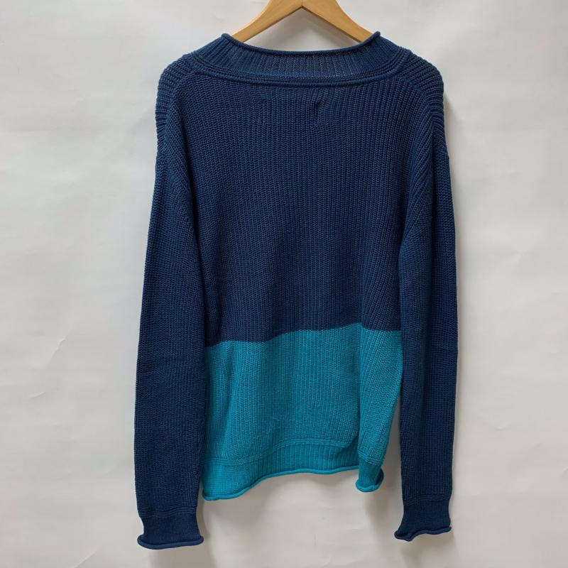 エイケイエムコンテンポラリー AKM Contemporary ニット、セーター 長袖 Vネック 切り替え リネン混 ニット 15SS L ボーダー柄 青 / ブルー / X 紺 / ネイビー / メンズ USED 古着 中古 10015889