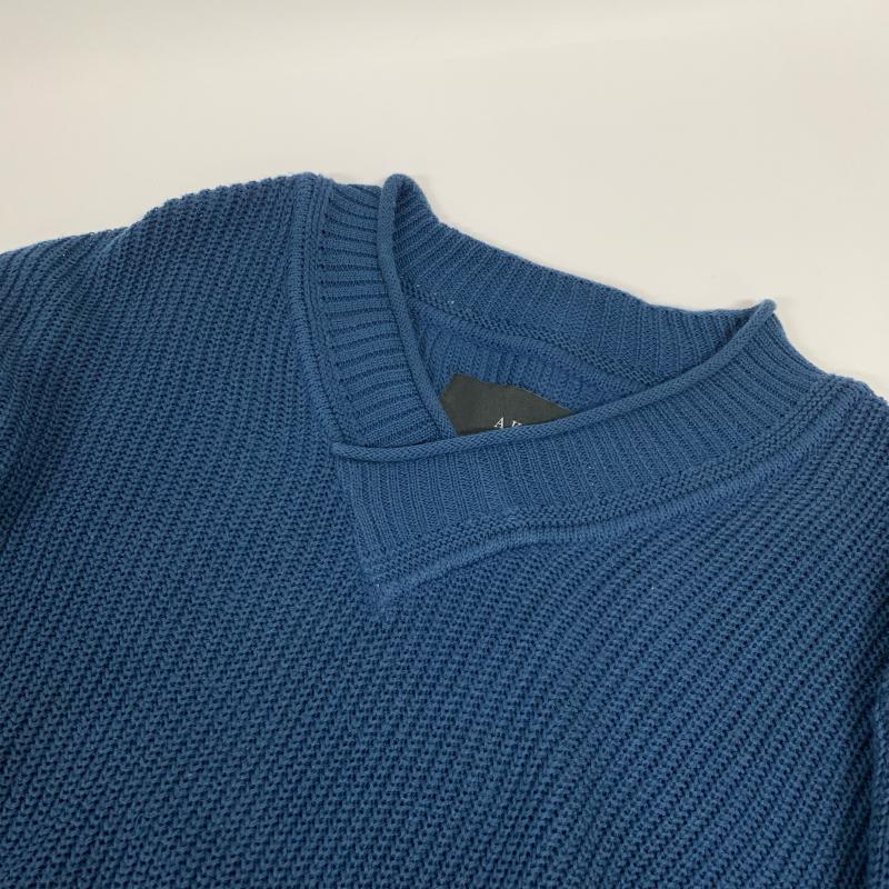 エイケイエムコンテンポラリー AKM Contemporary ニット、セーター 長袖 Vネック 切り替え リネン混 ニット 15SS L ボーダー柄 青 / ブルー / X 紺 / ネイビー / メンズ USED 古着 中古 10015889