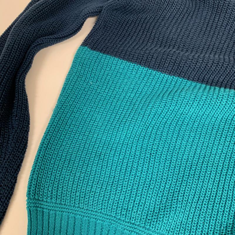 エイケイエムコンテンポラリー AKM Contemporary ニット、セーター 長袖 Vネック 切り替え リネン混 ニット 15SS L ボーダー柄 青 / ブルー / X 紺 / ネイビー / メンズ USED 古着 中古 10015889