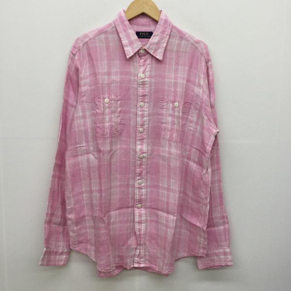 ポロバイラルフローレン POLOBYRALPHLAUREN シャツ、ブラウス リネン シャツ L チェック 桃 / ピンク / メンズ USED 古着 中古 10018923