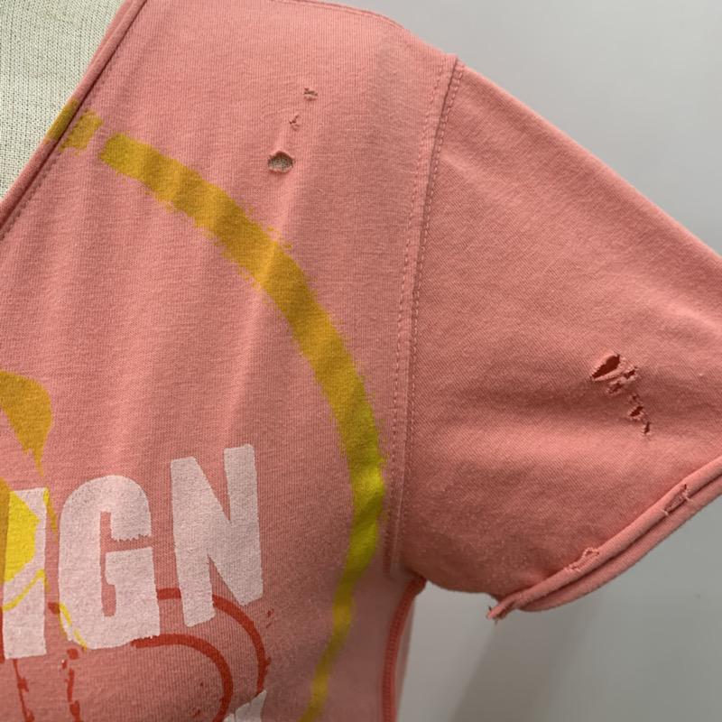 オーバーデザインクリエイション overdesigncreation Tシャツ Tシャツ プリント Vネック S 桃 / ピンク / レディース USED 古着 中古 10023441